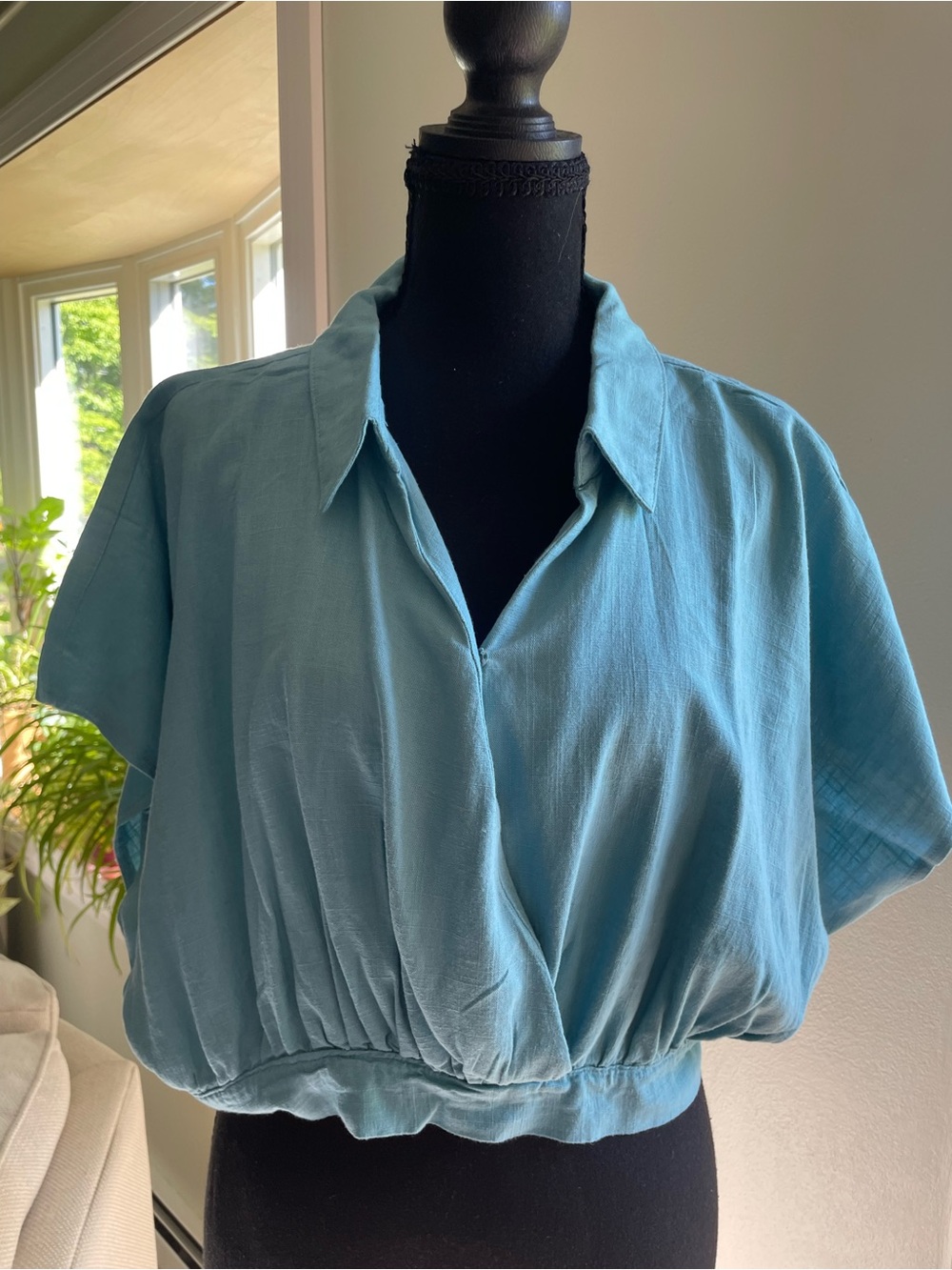 Zenana Outfitters Light Aqua Linen Button-Front Top